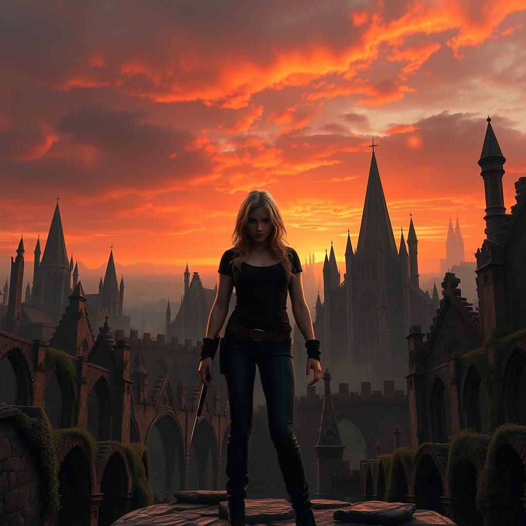 Heroic Vampire Slayer in Gothic Ruins
