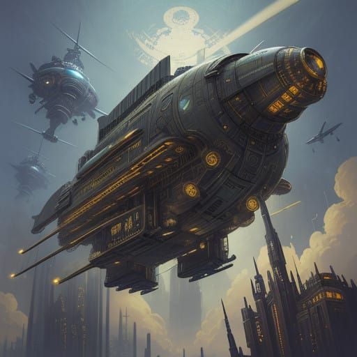 A Futuristic Steampunk Metropolis in 2150 with Airships and...