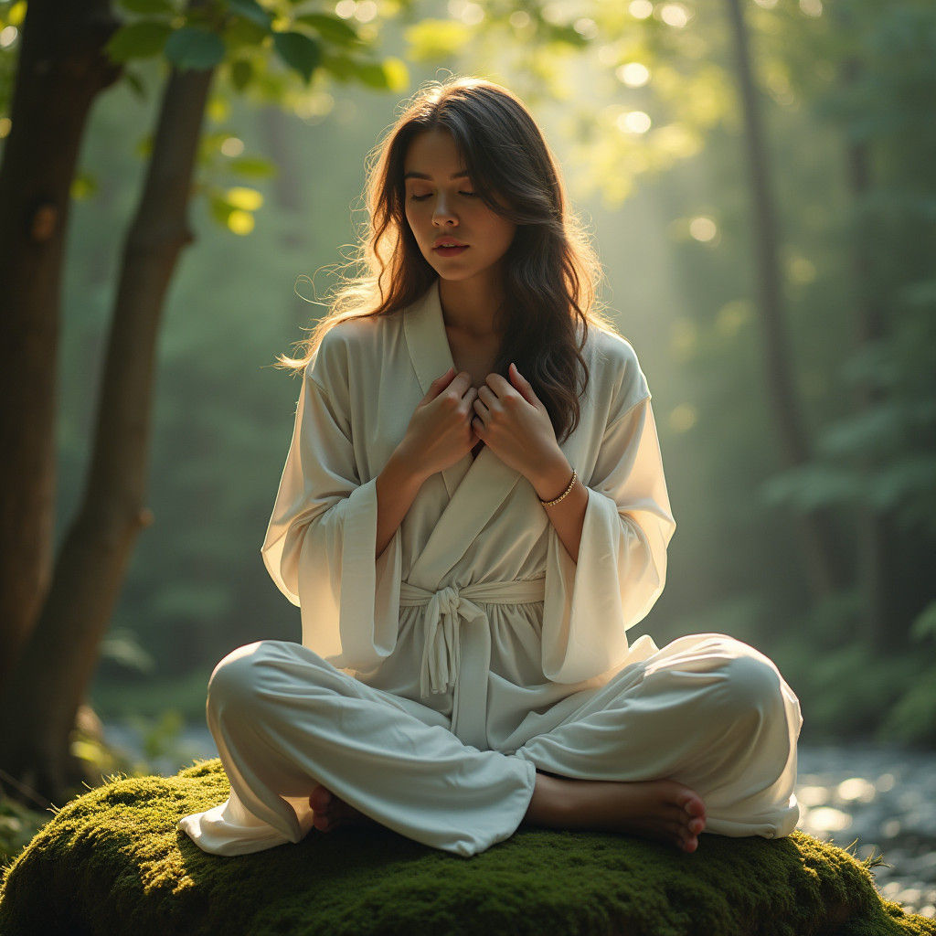Serene Woman Meditating in Forest, Ethereal Realism