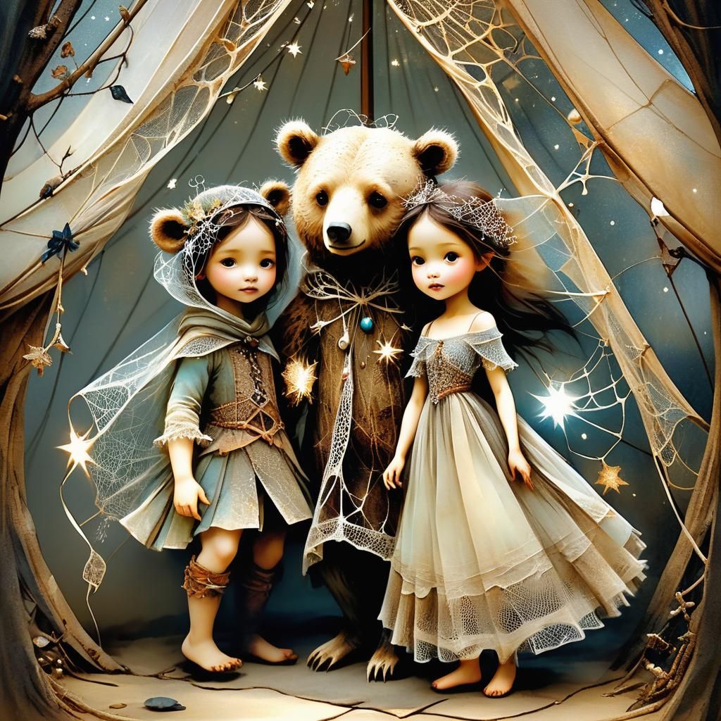 Pixie Toddlers with Bear Cub in Fantasy Forest