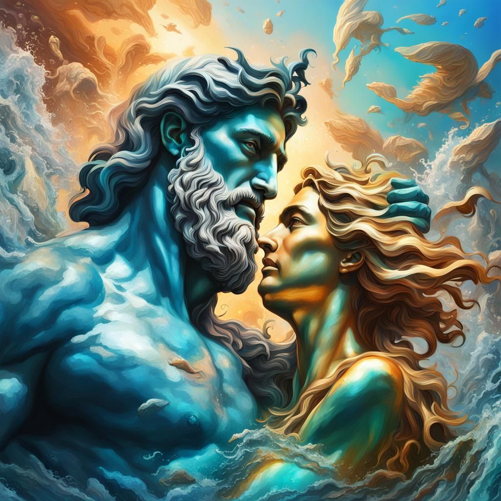Poseidon and Aphrodite Statue in Hyperrealistic Style