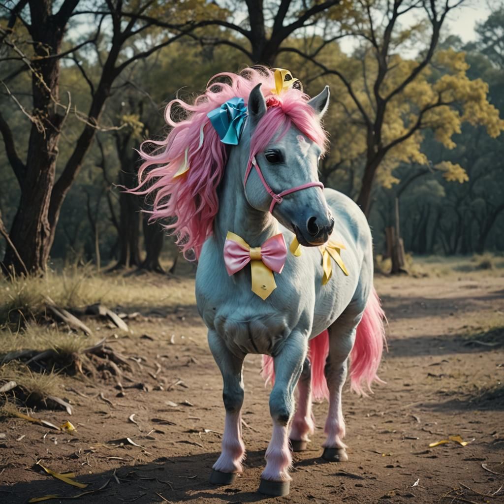 Light Blue Pony with Pink Bow Ties: Cinematic Film Still