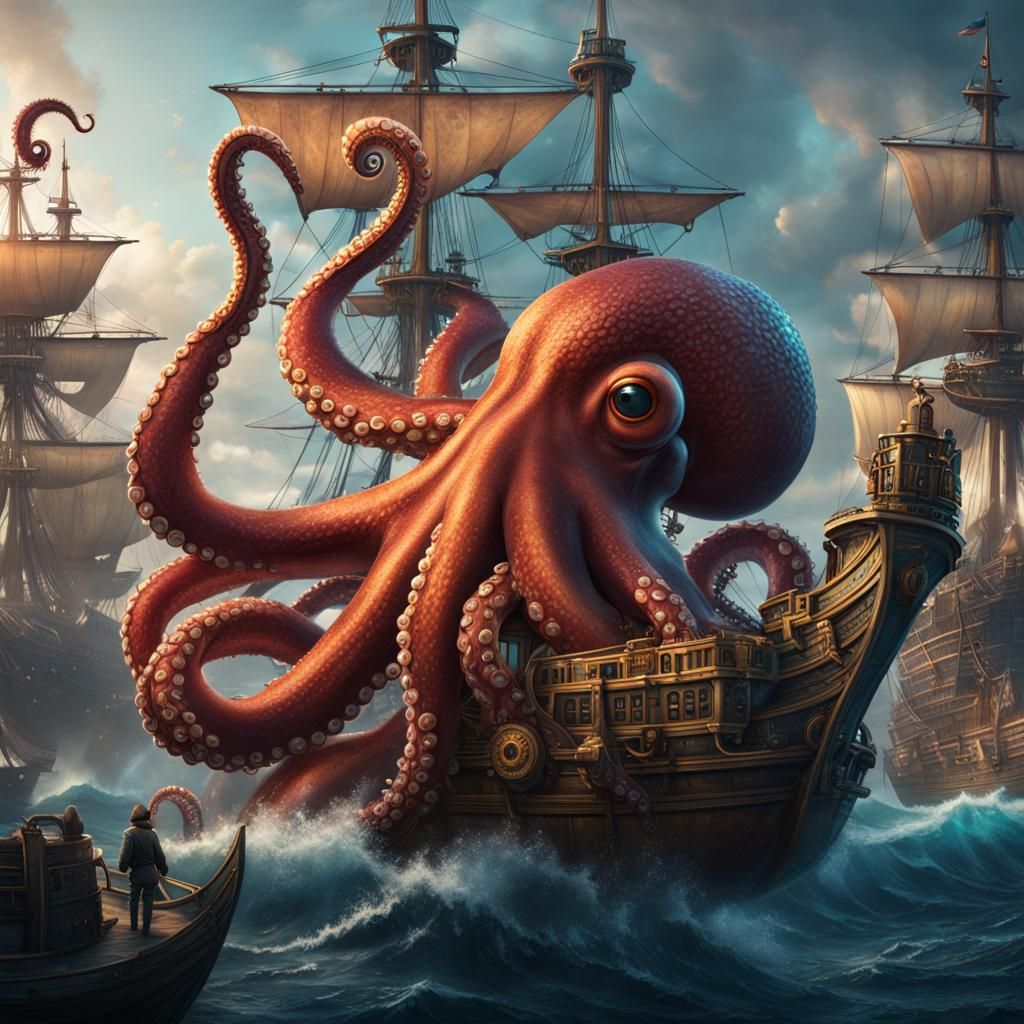 Giant Octopus with Ship: Detailed Fantasy Art