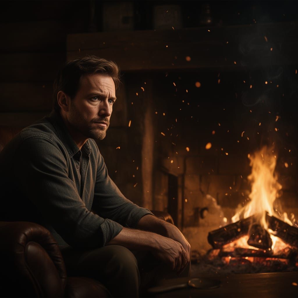 Man by Fireplace: Ultra-Realistic Cinematic Film Still