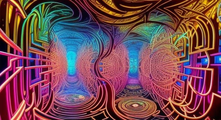 Intricate Neon Labyrinth of the Mind: Street Art