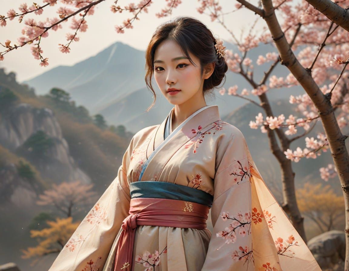 Korean Woman Under Cherry Blossom Tree in Watercolour Style