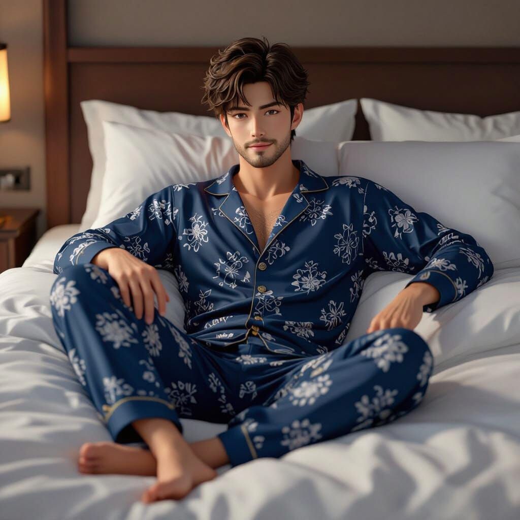 Anime Style Man Lounging in Bed with 3D Rendering