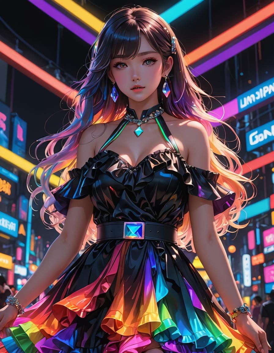 Glowing Neon Rainbow Dress in 3D Anime Art