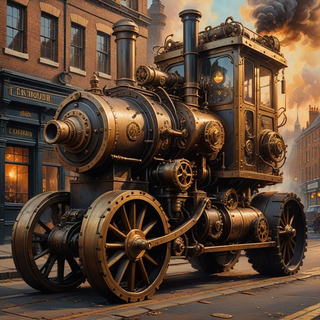 Steampunk Steamroller on London Street in Golden Hour