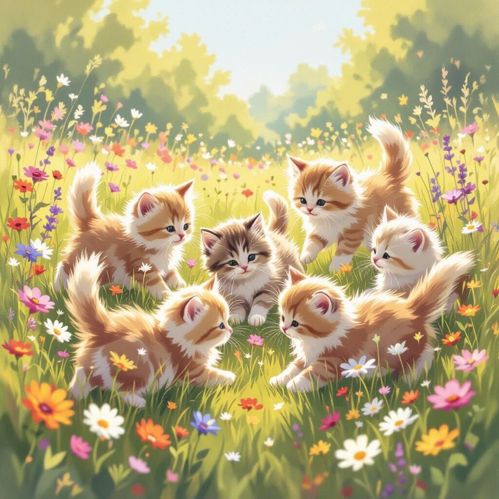 Fluffy Kittens Play in Wildflower Meadow