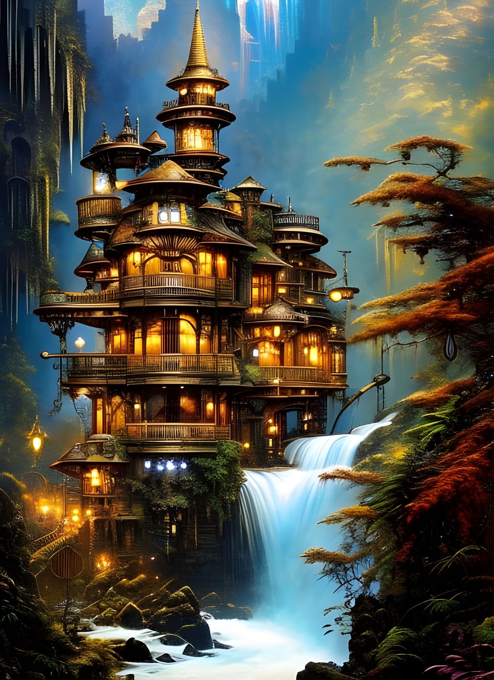 Steampunk Mansion on Waterfall: Fantasy Art