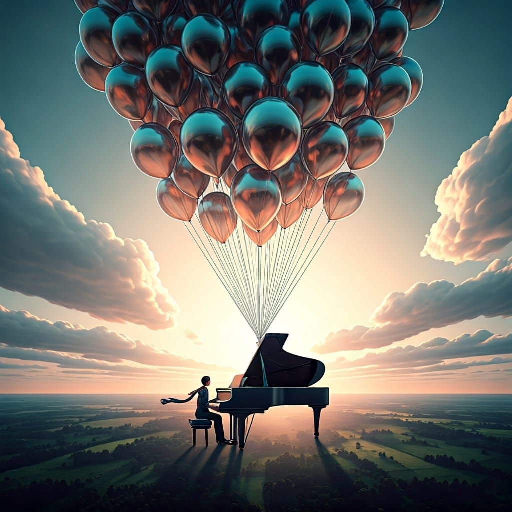 Balloons Lift Grand Piano into the Clouds