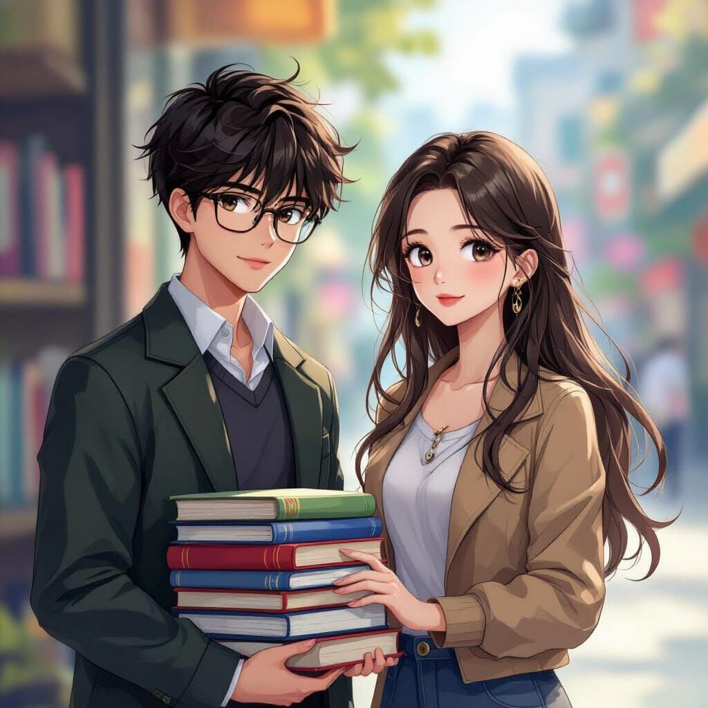 Anime Style: Nerd and Beautiful Girl with Books