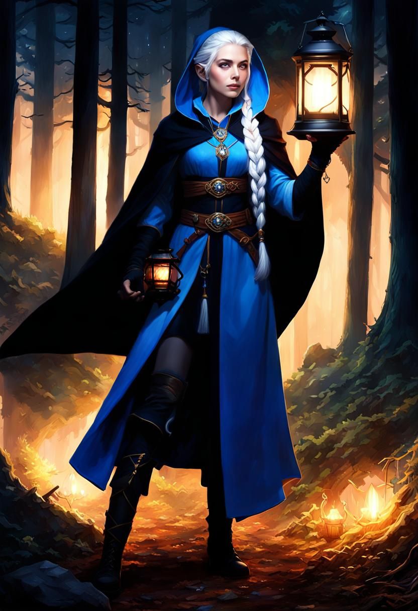Half-Elf Cleric in Forest at Night: Digital Painting