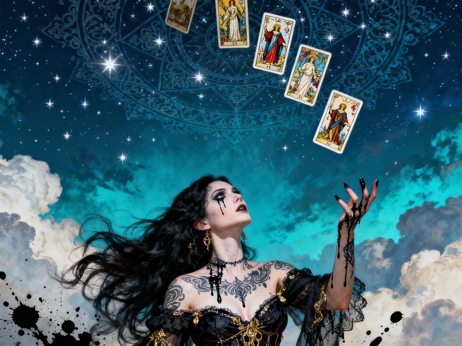 Gothic Gypsy Woman Throws Tarot Cards Under Starry Sky