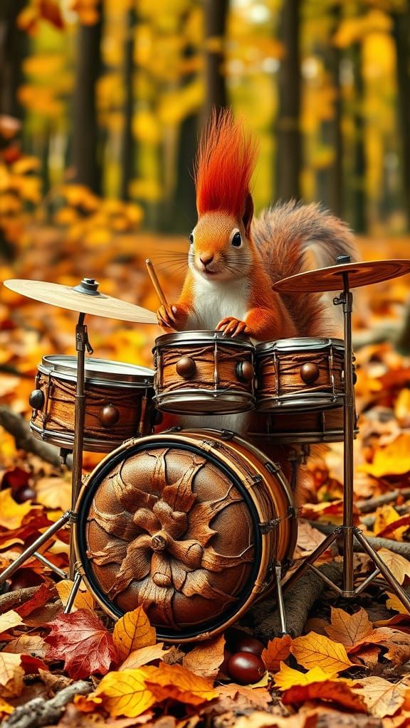 Quirky Squirrel Drummer in Vibrant Autumn Forest
