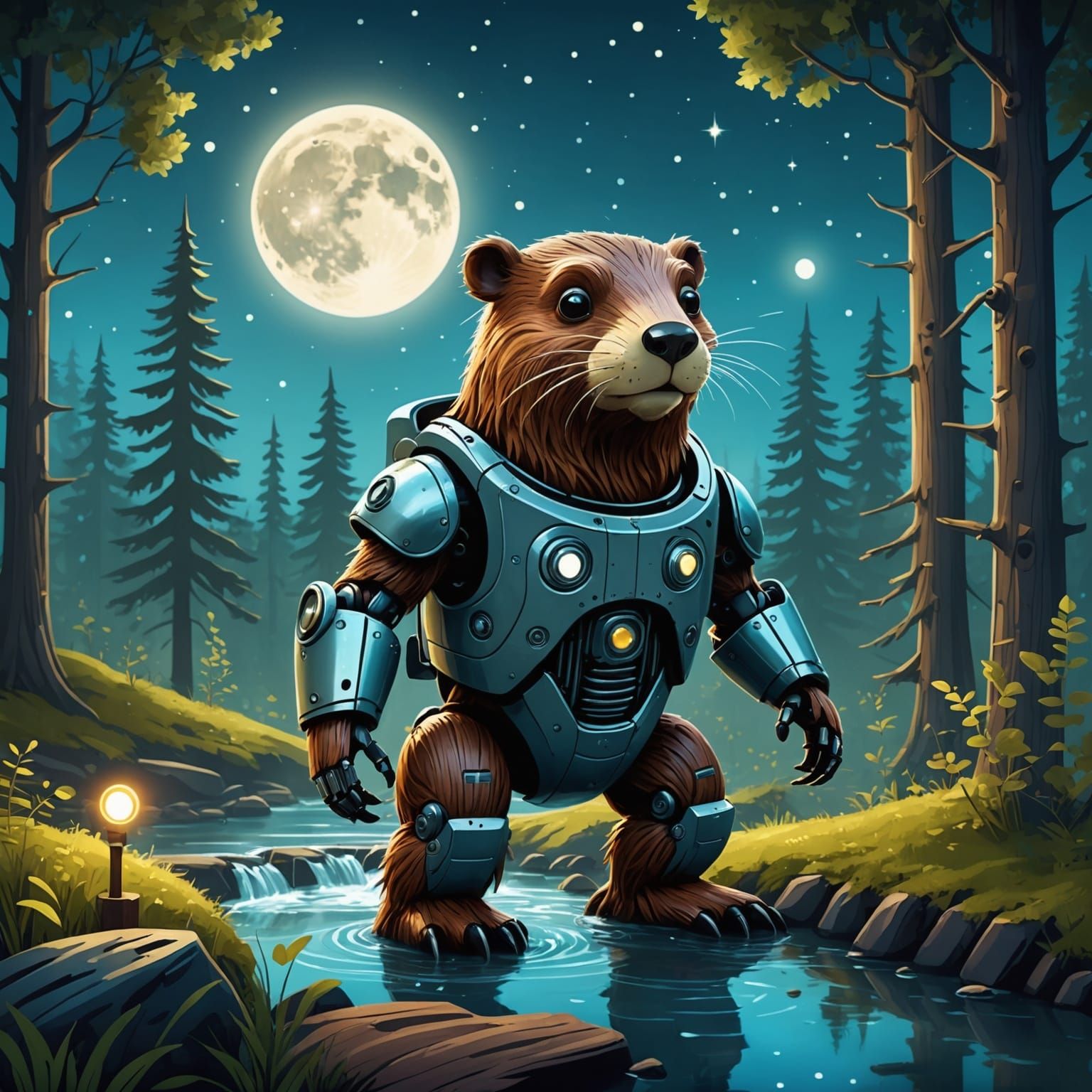 A mechanical beaver robot in a enchanted forest illuminated by stars and Fullmoon, the robot beaver working at a stream ...