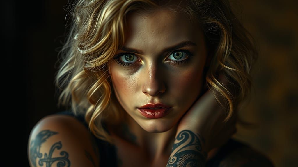 Stunning Woman with Tattoos: Cinematic Film Still