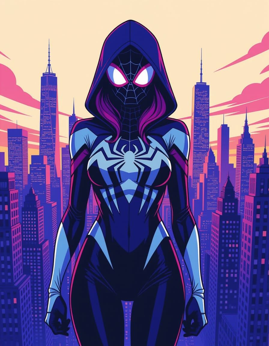 Giant Spider Gwen Towers Over Cityscape in Comic Art Style