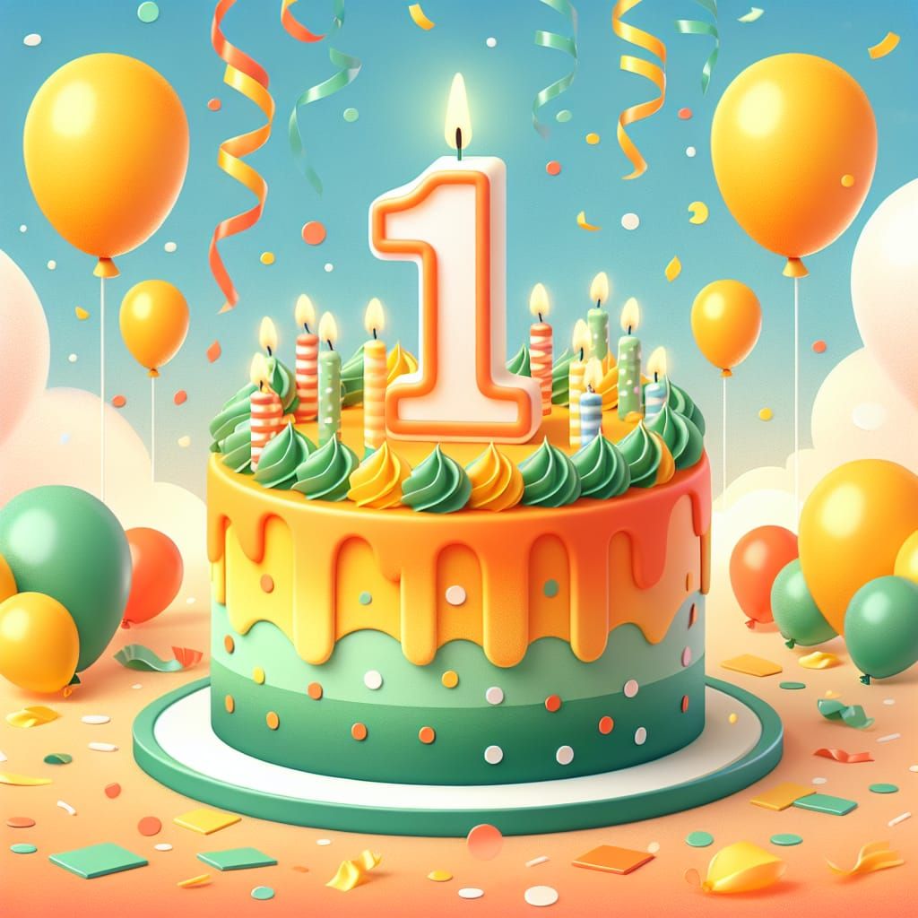 Festive First Birthday Cake with Balloons and Confetti