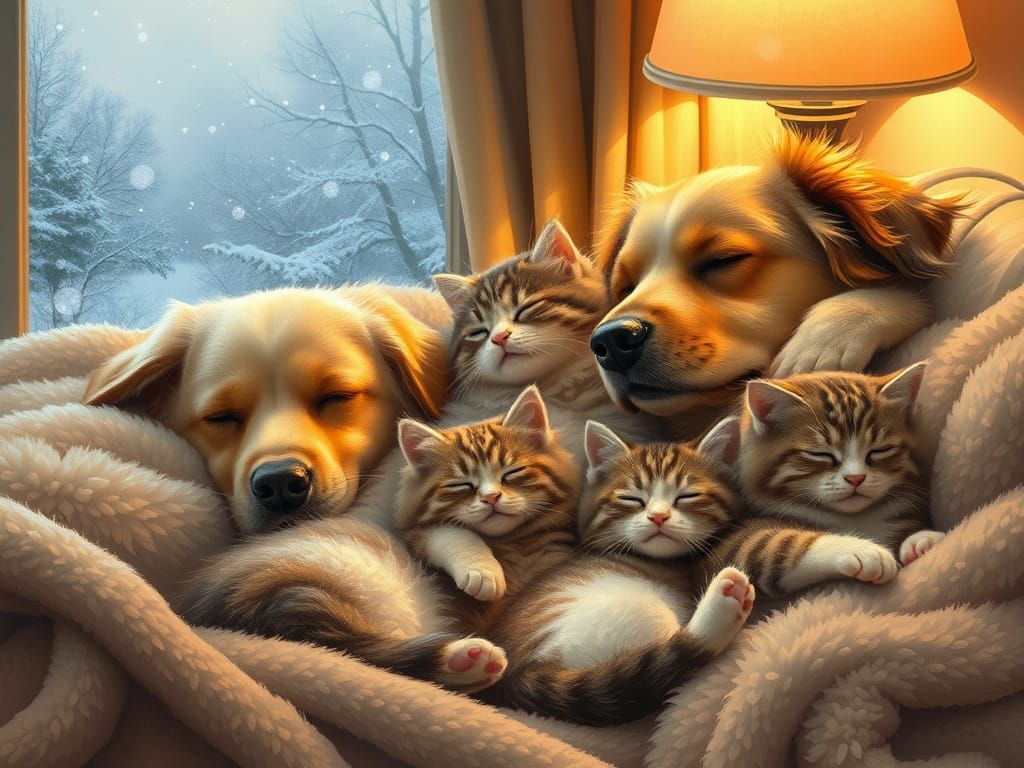 Soothing Gathering of Pets in a Cozy Winter Scene, in Impres...