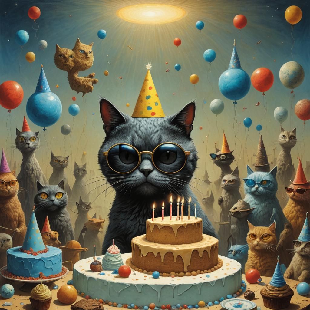 Cat with Sunglasses and Birthday Cake in Surreal Style