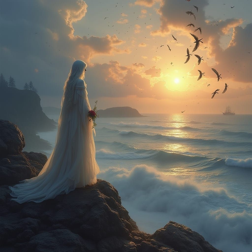 Ethereal Fantasy Landscape with Feathers and Celestial Bodie...