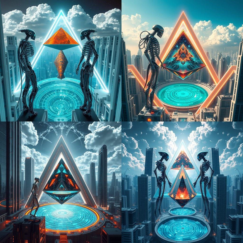 Biomechanical Beings in Futuristic City Portal