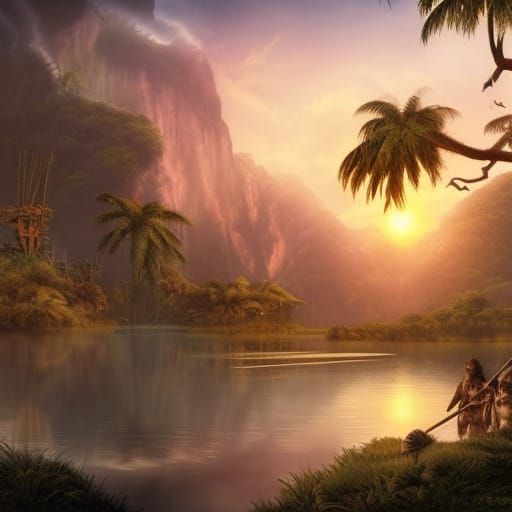 Primitive Tribe Hunting at Sunrise: Digital Matte Painting