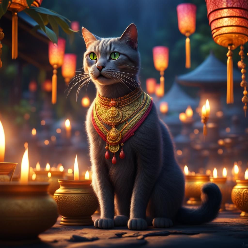 Cat Celebrates Loy Krathong Festival in Digital Art