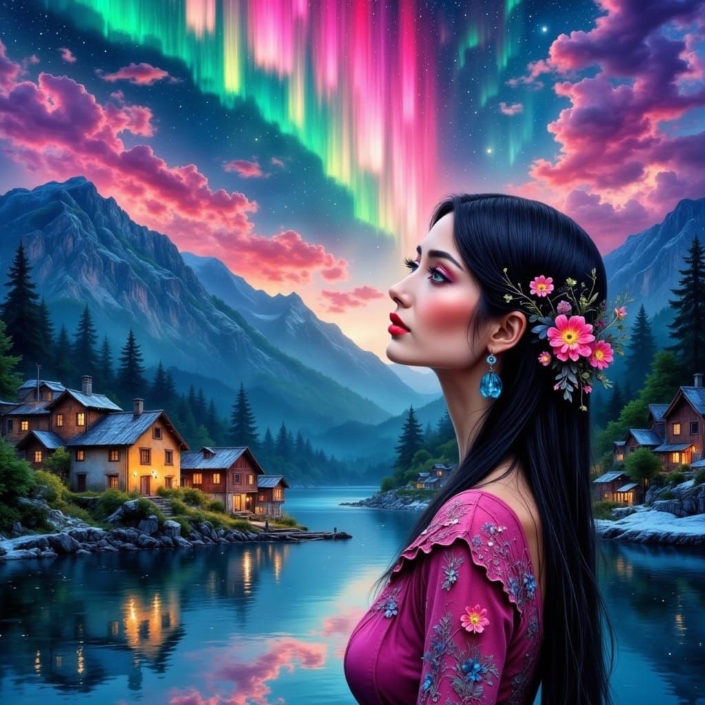 Enchanted Northern Lights over a Quaint Village