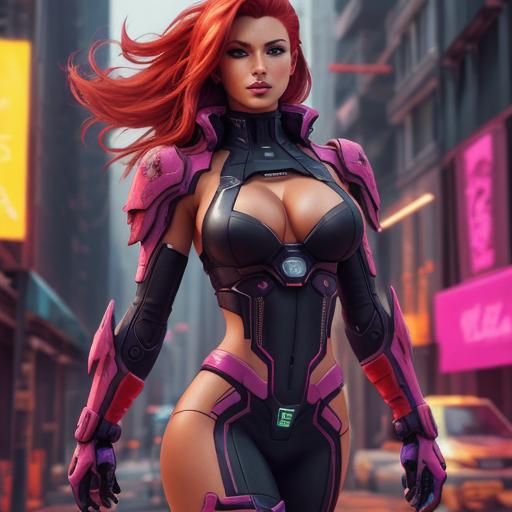 Epic-Futuristic Sci-fi world, beautiful cyberpunk girl, perfect face, red hair color with light accents color hair, ligh...