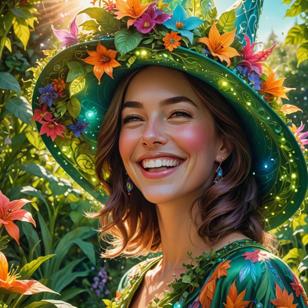 Woman with Fantasy Hat in Glowing Garden