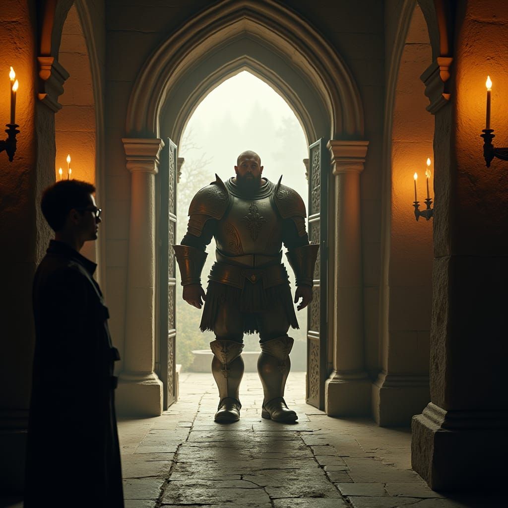 Slender Man Observes Armored Giant in Gothic Castle