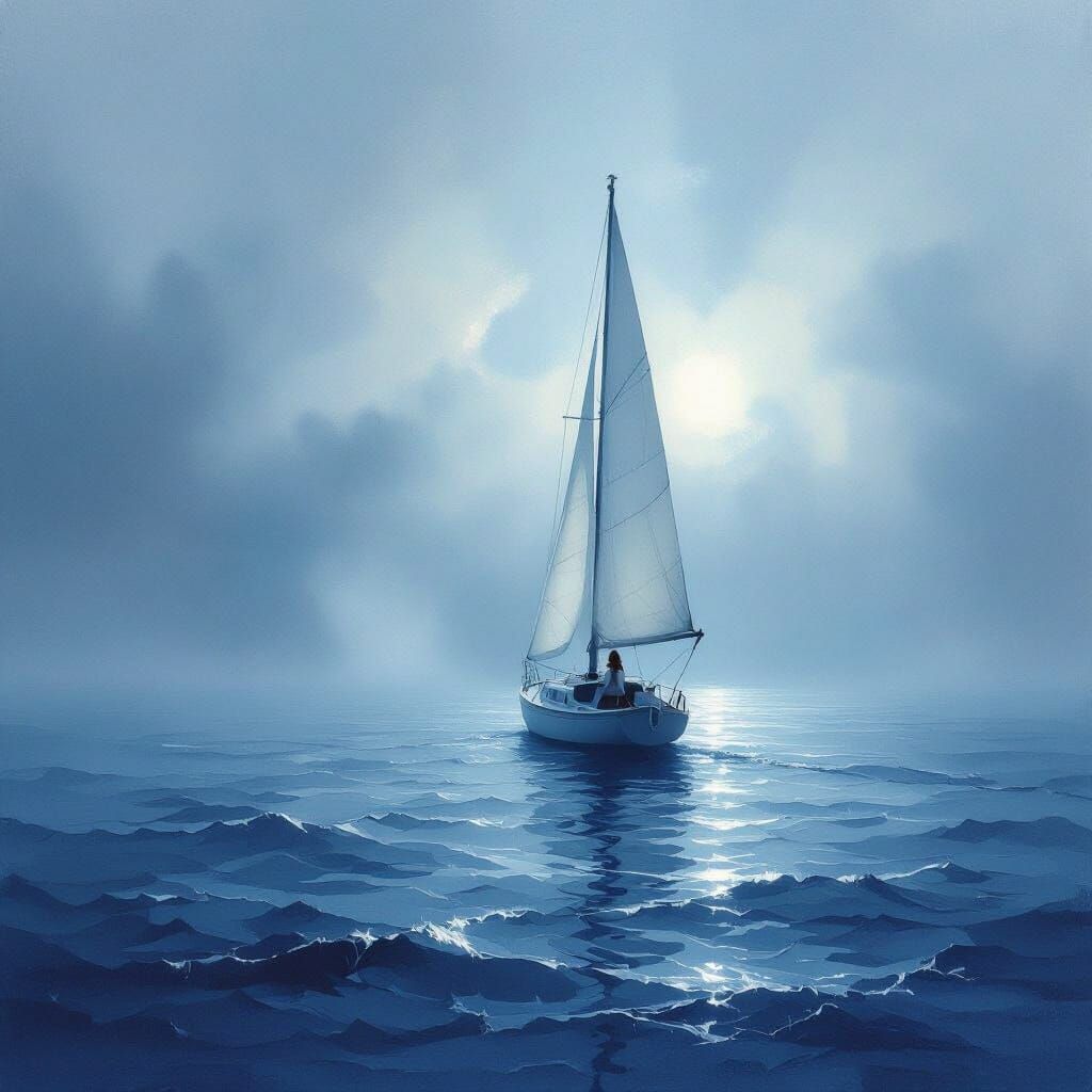 Ethereal Sailboat on Misty Deep Blue Sea