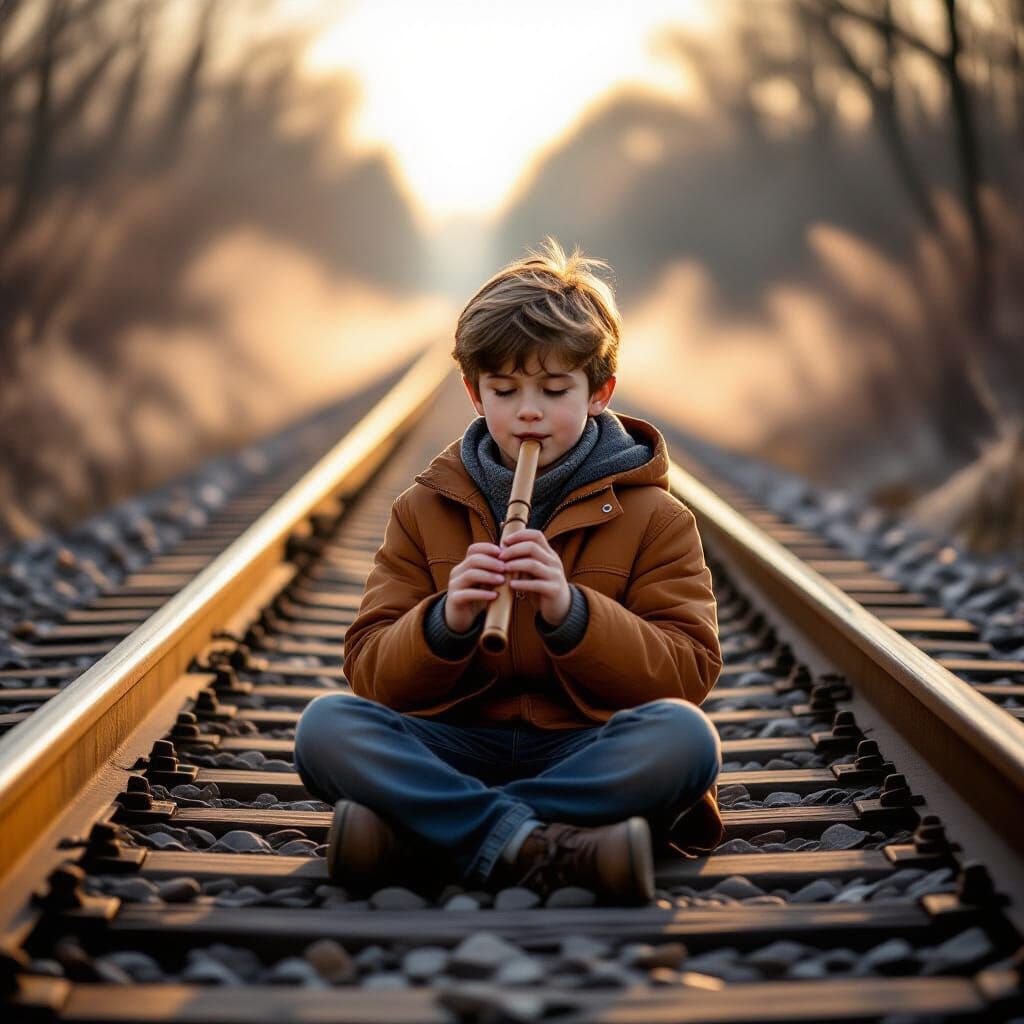 Boy Plays Flute on Misty Railway Tracks at Dawn