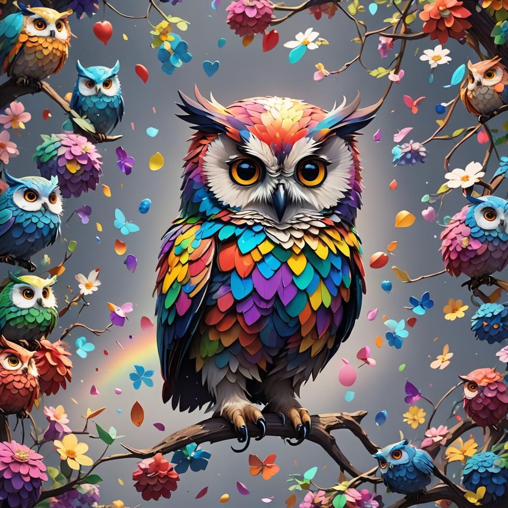 Cute Rainbow Owl in 3D Anime Art Style