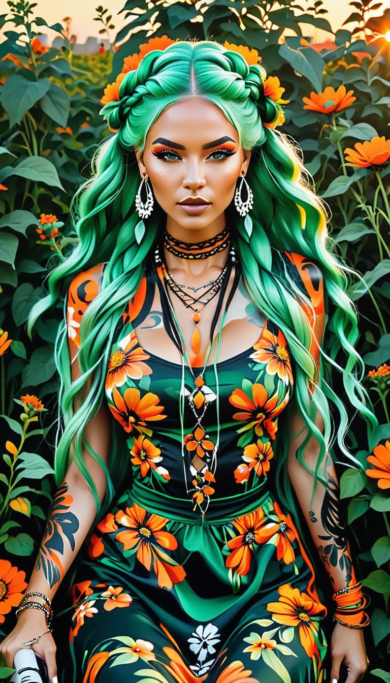 Mint-Haired Model in Graffiti Street Art Sunset