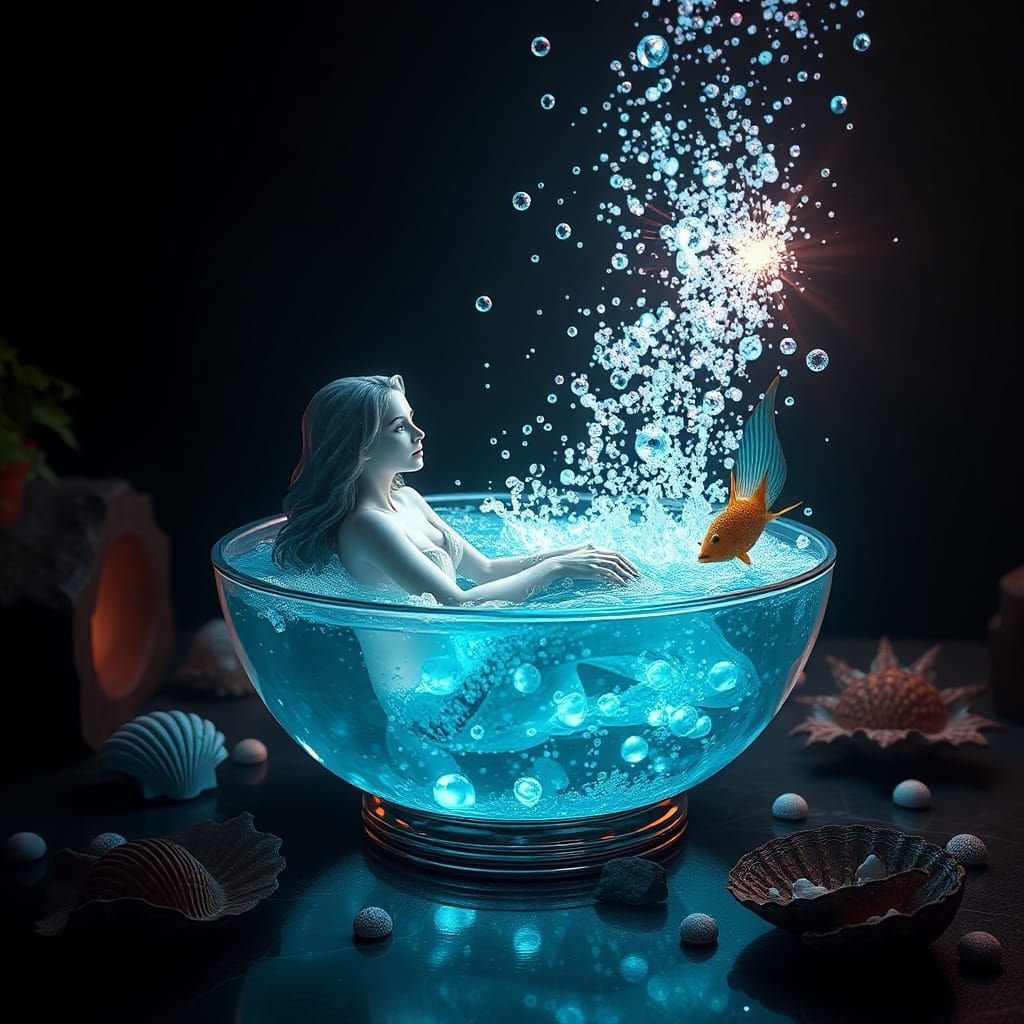 Mermaid Bathing in Surreal Bowl: 3D Render