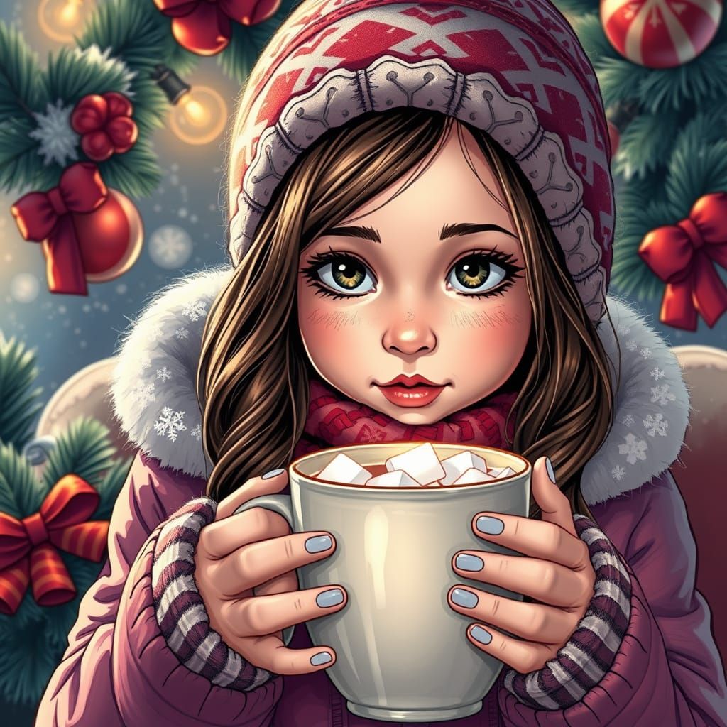 Festive Girl Drinking Cocoa, Comic Book Style