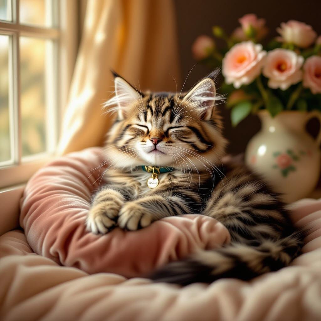 Tabby Kitten Curled Up, Velvet Cushion, Golden Light