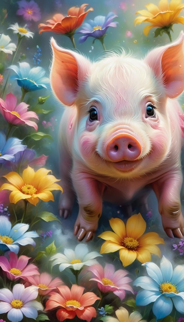 Cute Piglet with Flowers in Fantasy Style