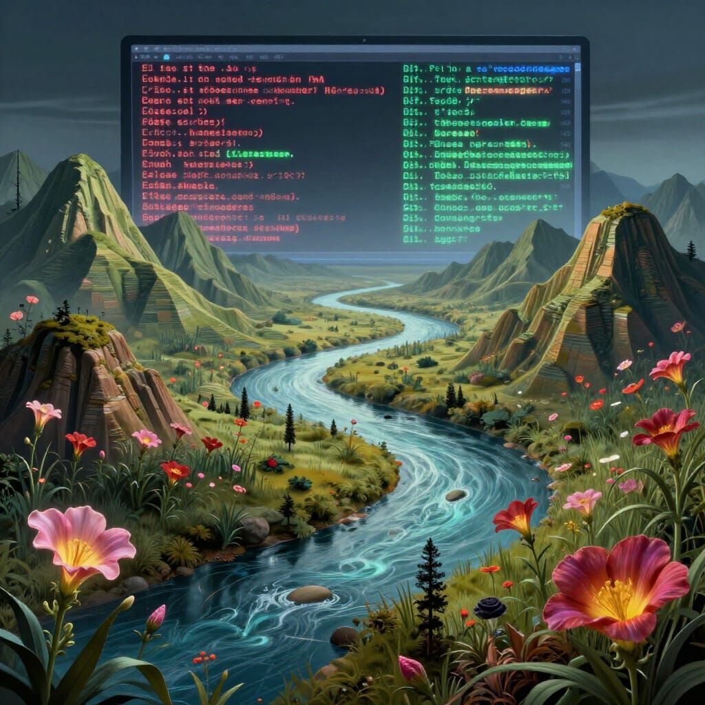 Abstract Digital Landscape Blending Nature and Tech