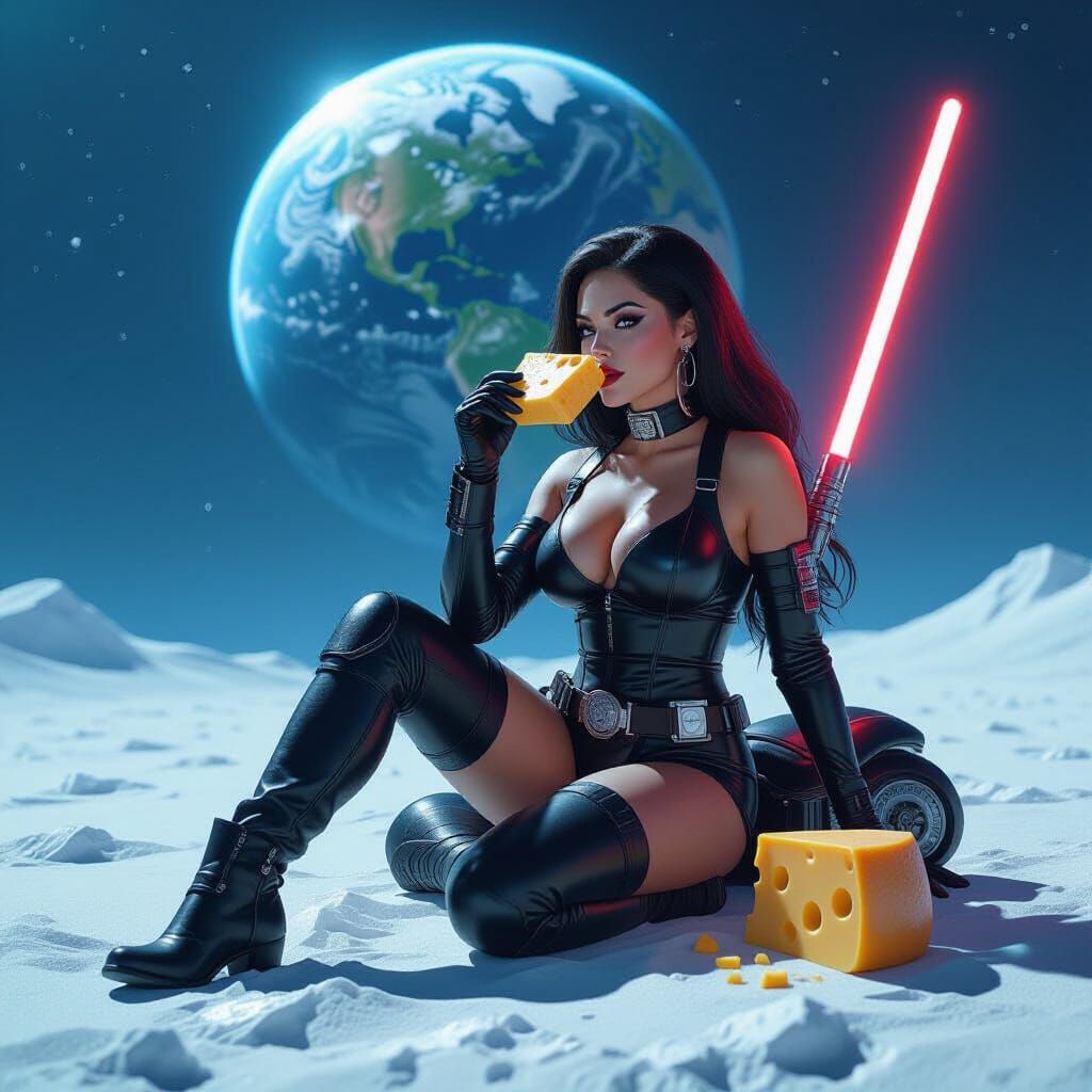 Cyberpunk Hybrid Woman on Moon with Lightsaber