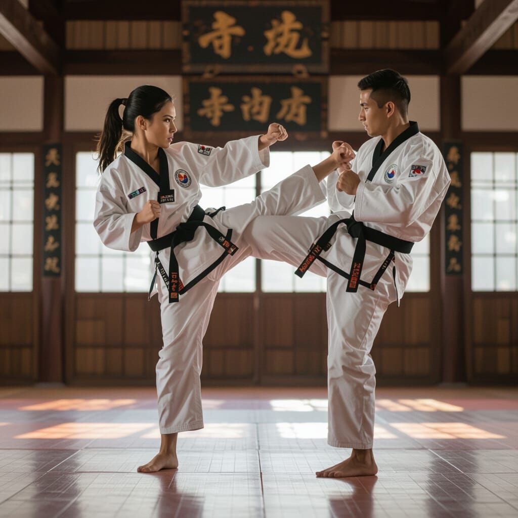 Female Taekwondo Master Delivers Powerful Face Kick in Dojo