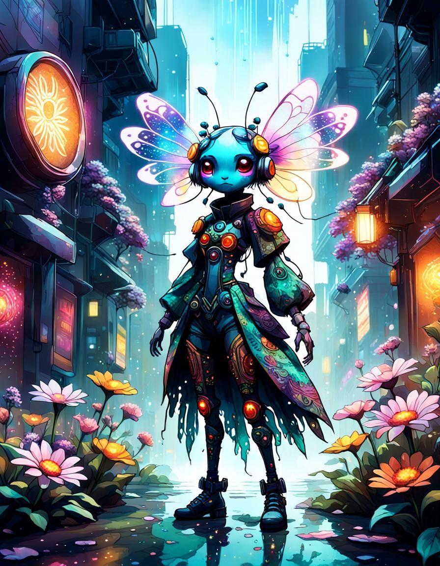 Bohemian Cyberpunk Flower Creature in Urban Fantasy