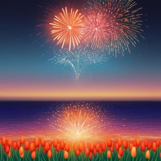 Tulips Floating Above Ocean Waves with Fireworks