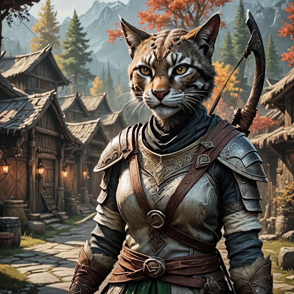 Hyperrealistic Khajiit Archer in Skyrim Village