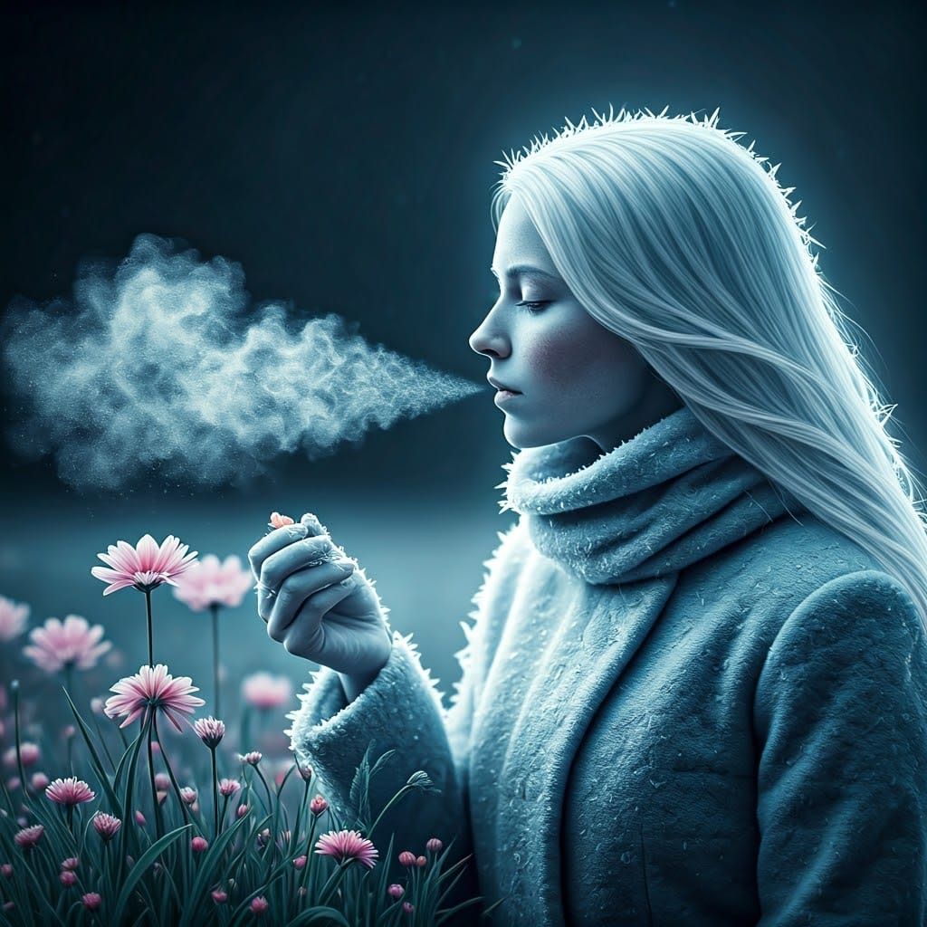 Icy Woman Breathes Frost onto Flowers