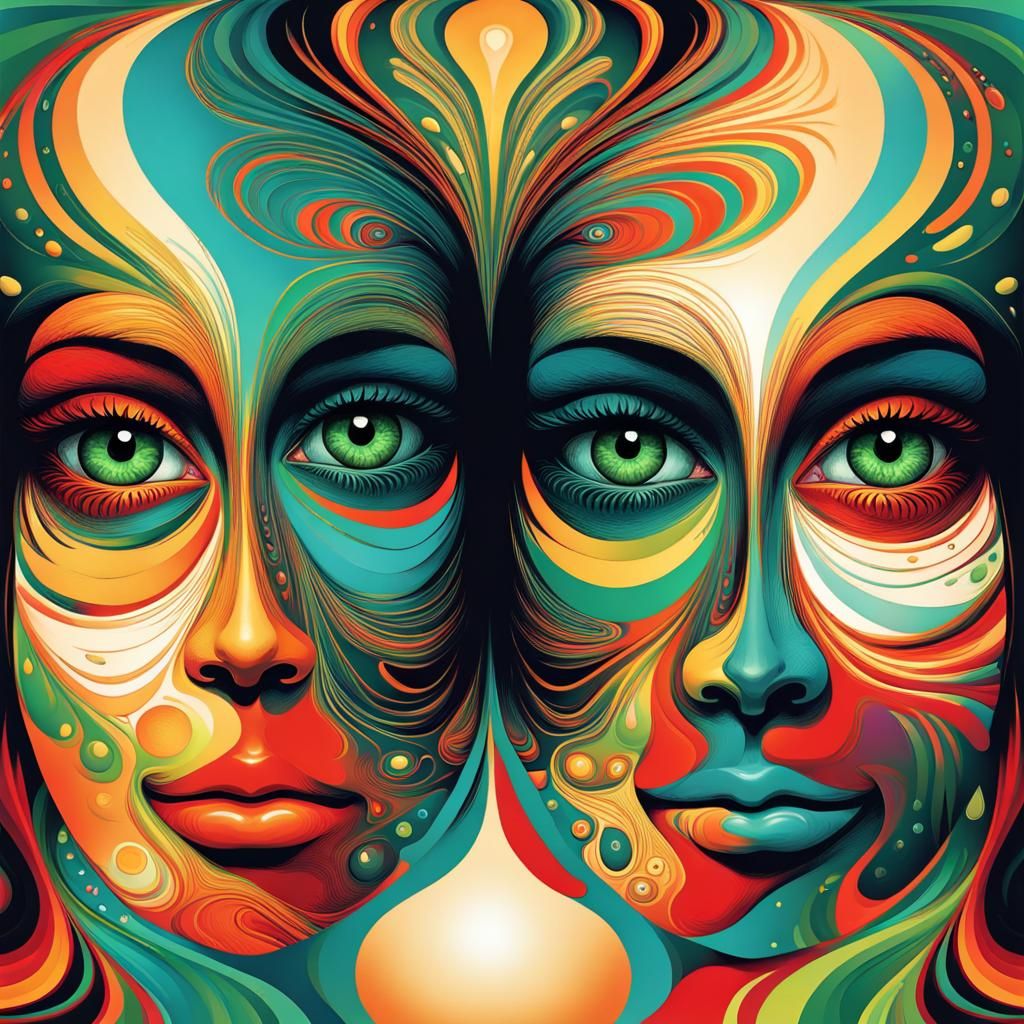 Psychedelic Twin Faces with Gold and Green Eyes